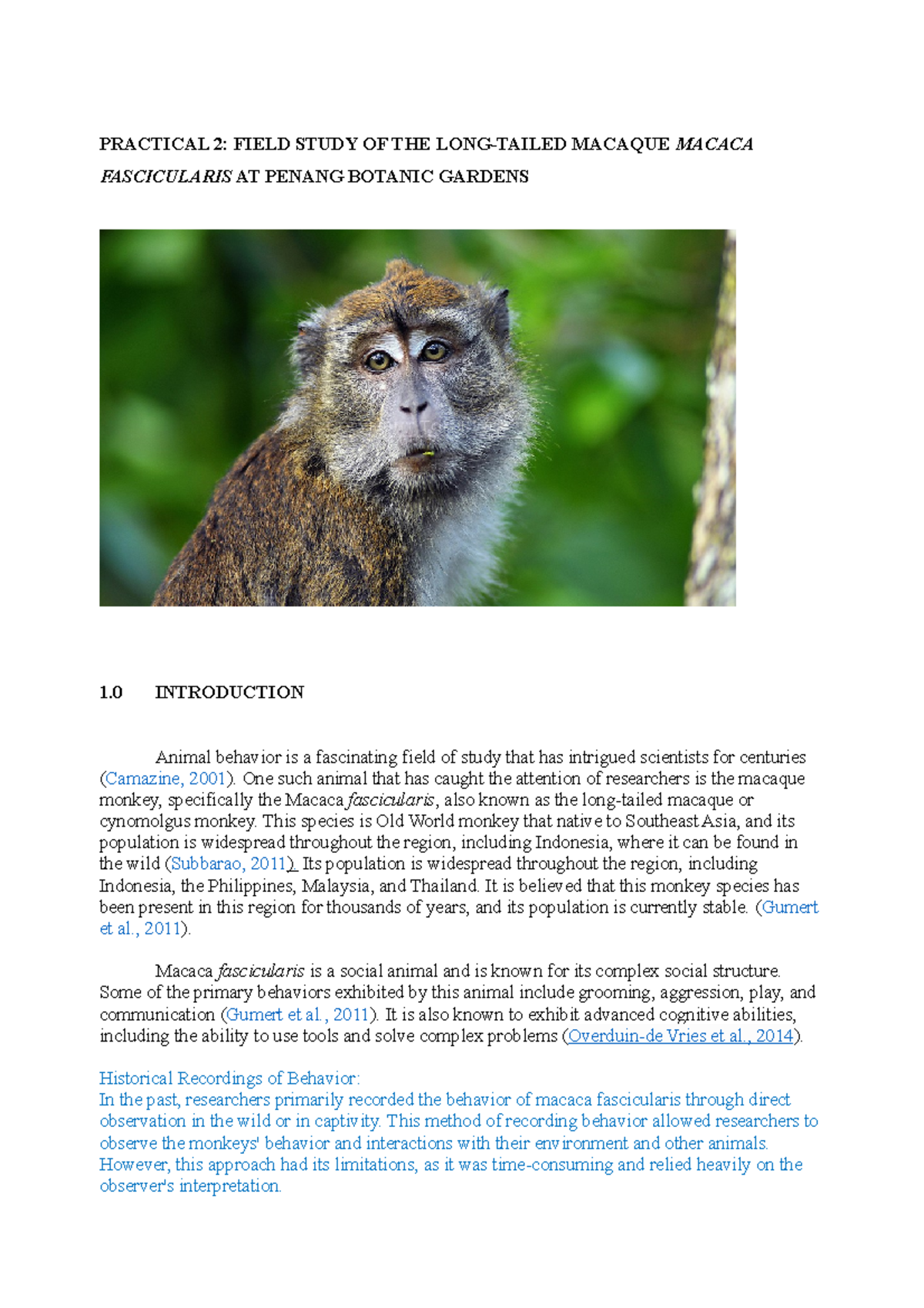 AB Macaque - PRACTICAL 2: FIELD STUDY OF THE LONG-TAILED MACAQUE MACACA ...