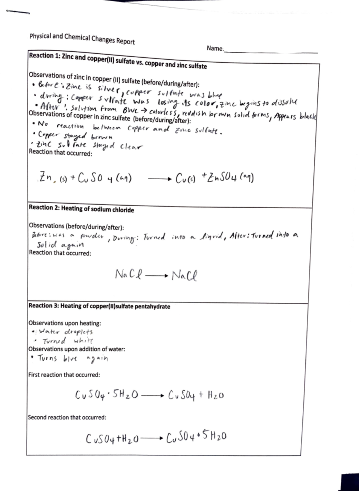 Physical and Chemical Change Lab Physical and Chemical Changes Report