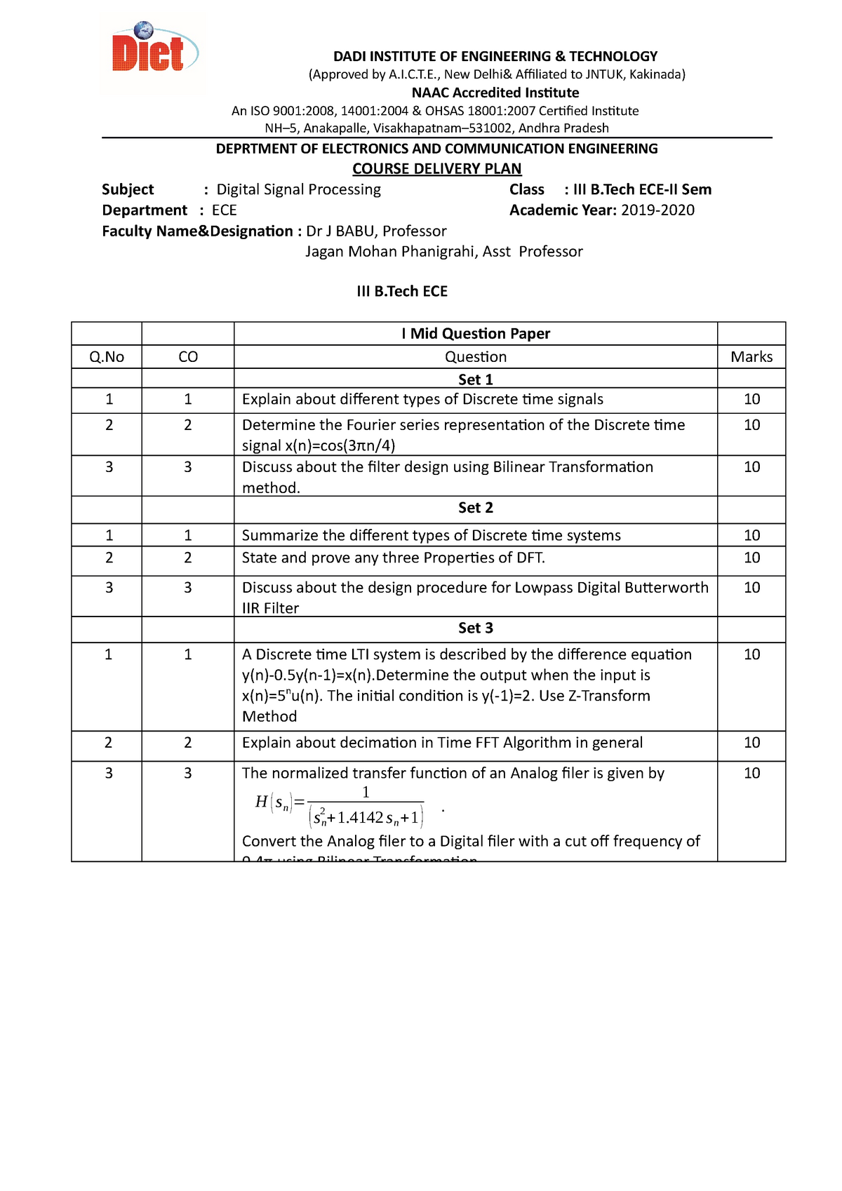 DSP Question Papers 1 DADI INSTITUTE OF ENGINEERING amp