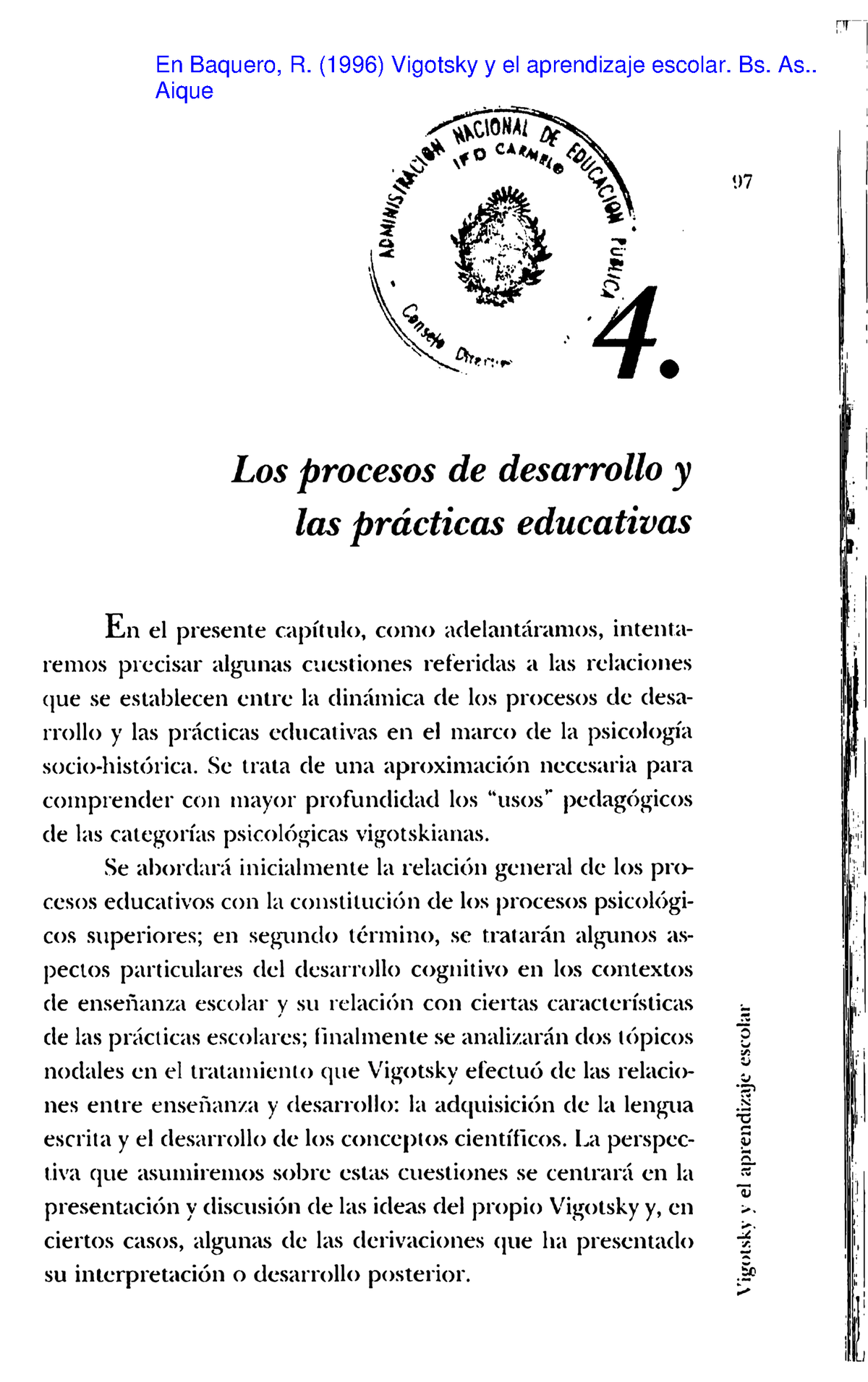 Baquero (1996) Vigotsky Y El Aprendizaje Escolar Cap. 4 Selección -85 ...