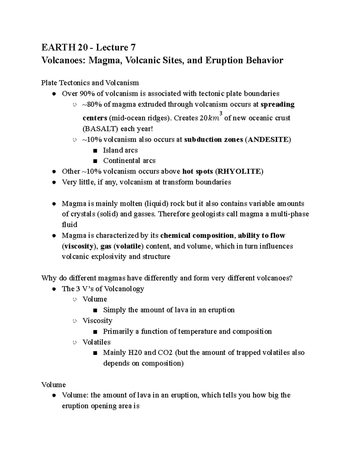 Earth 20 Lecture 7 Notes - EARTH 20 - Lecture 7 Volcanoes: Magma ...