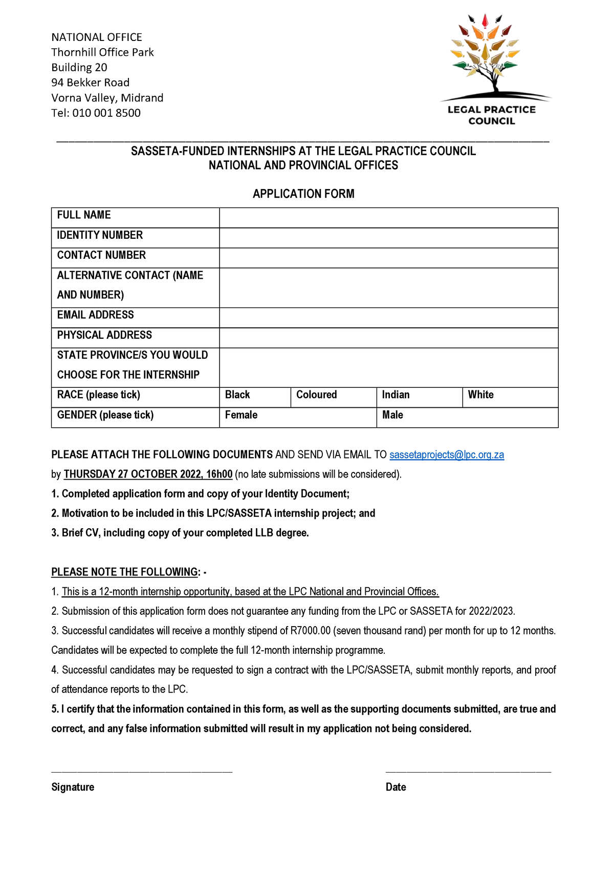 Sasseta LPC Internship Project Application Form 05 NATIONAL OFFICE