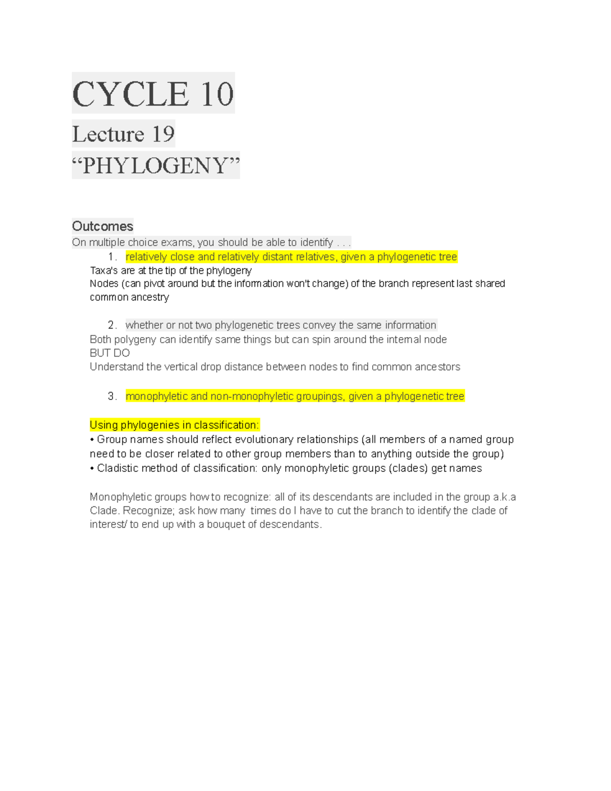 Cycle 10 - Lecture notes 10 - CYCLE 10 Lecture 19 “PHYLOGENY” Outcomes ...