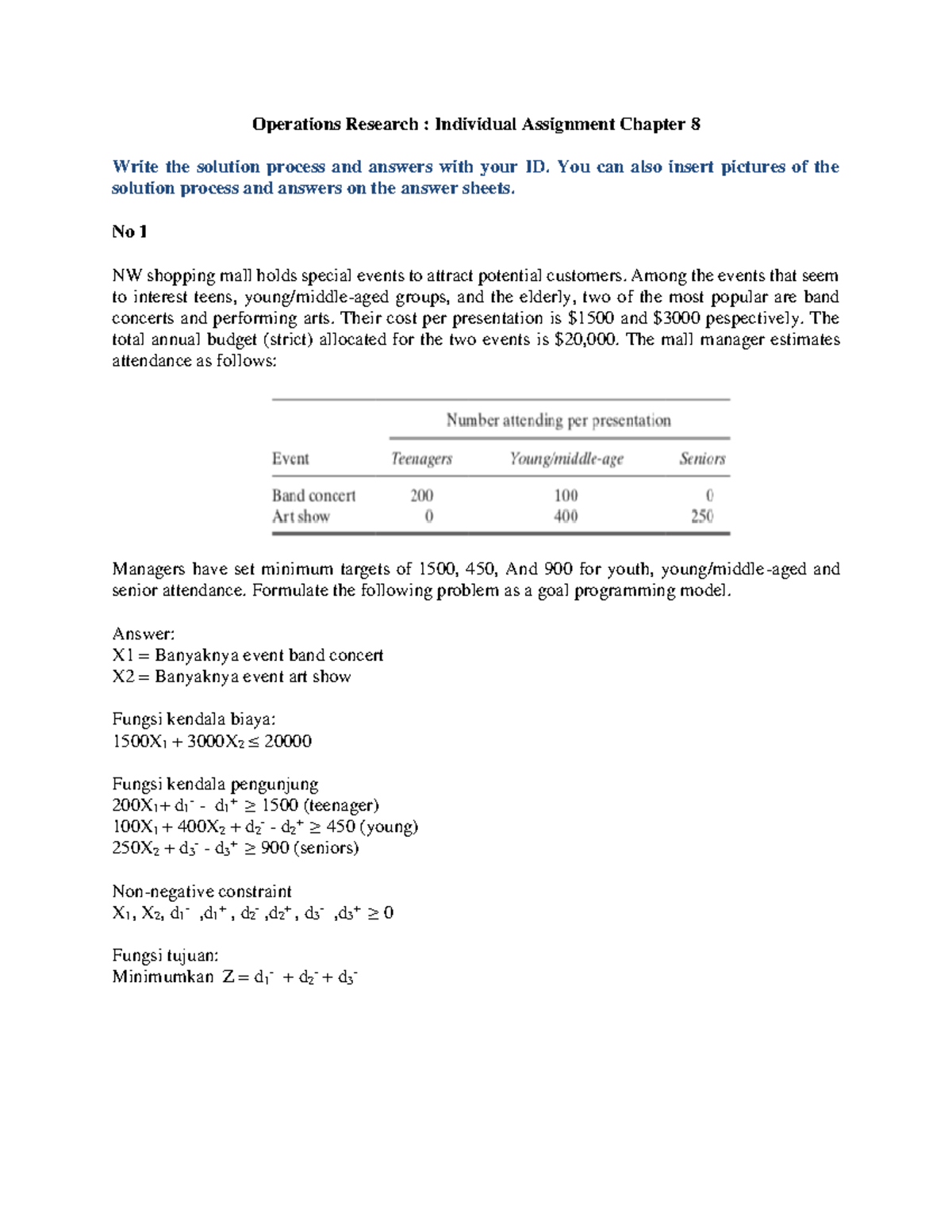 operations research assignment problems and solutions