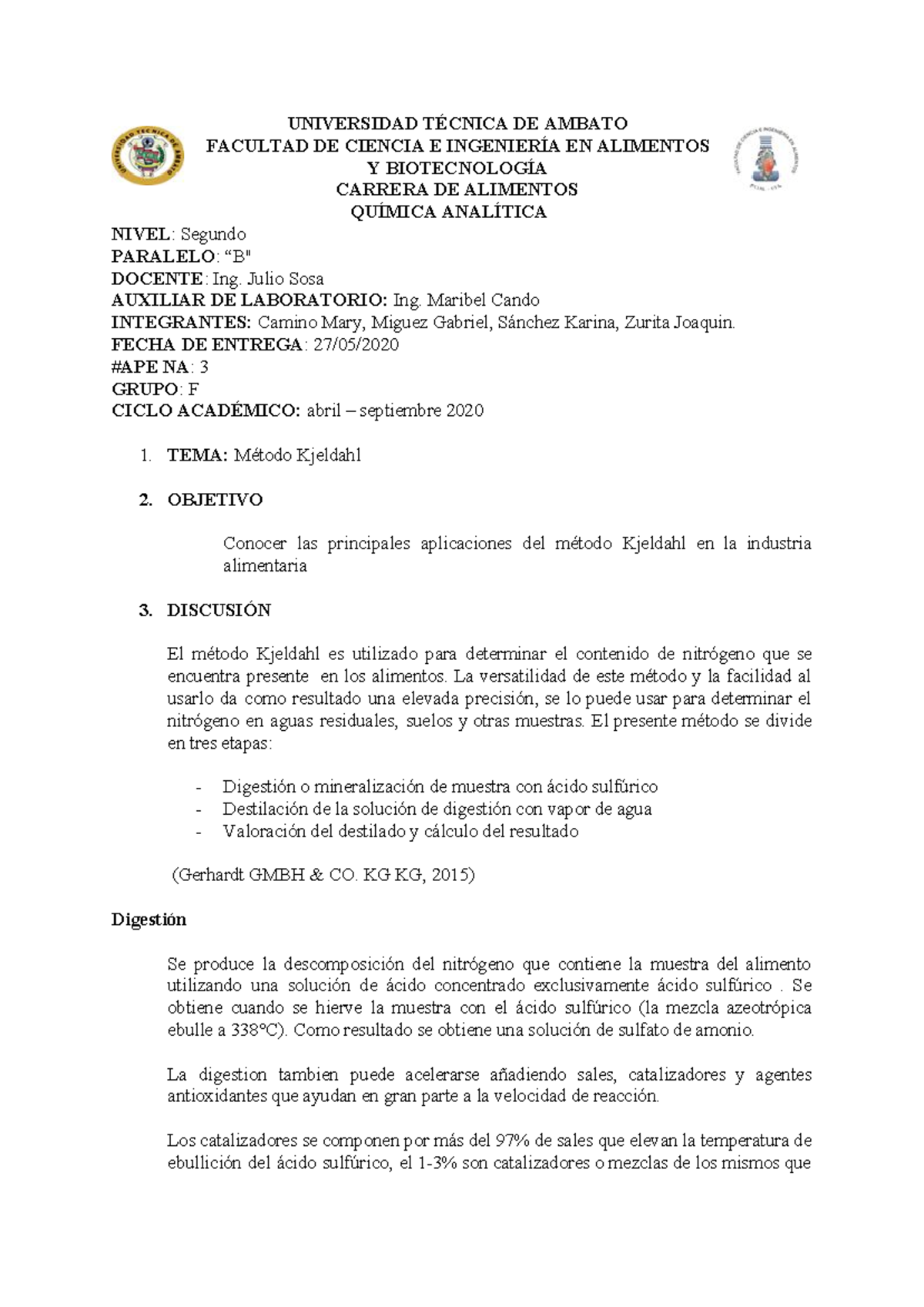 APE 3 NA Método Kjeldahl UNIVERSIDAD TÉCNICA DE AMBATO FACULTAD DE