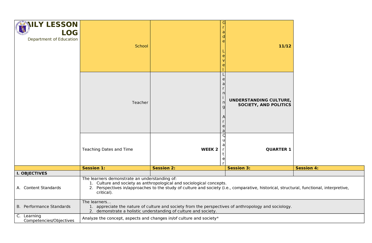 UCSP Q1 WEEK2 - DAILY LESSON LOG Department Of Education School G R A D ...