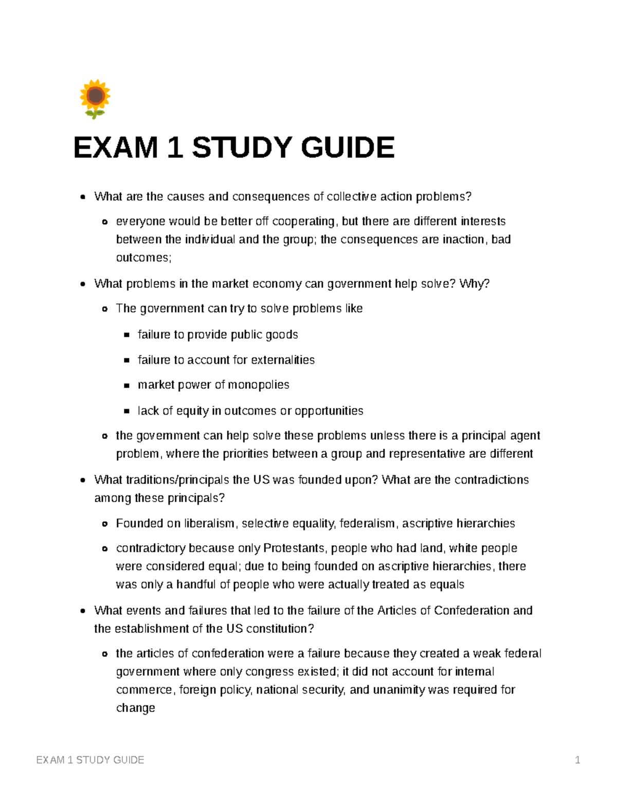 EXAM 1 Study Guide - 0 EXAM 1 STUDY GUIDE What are the causes and ...