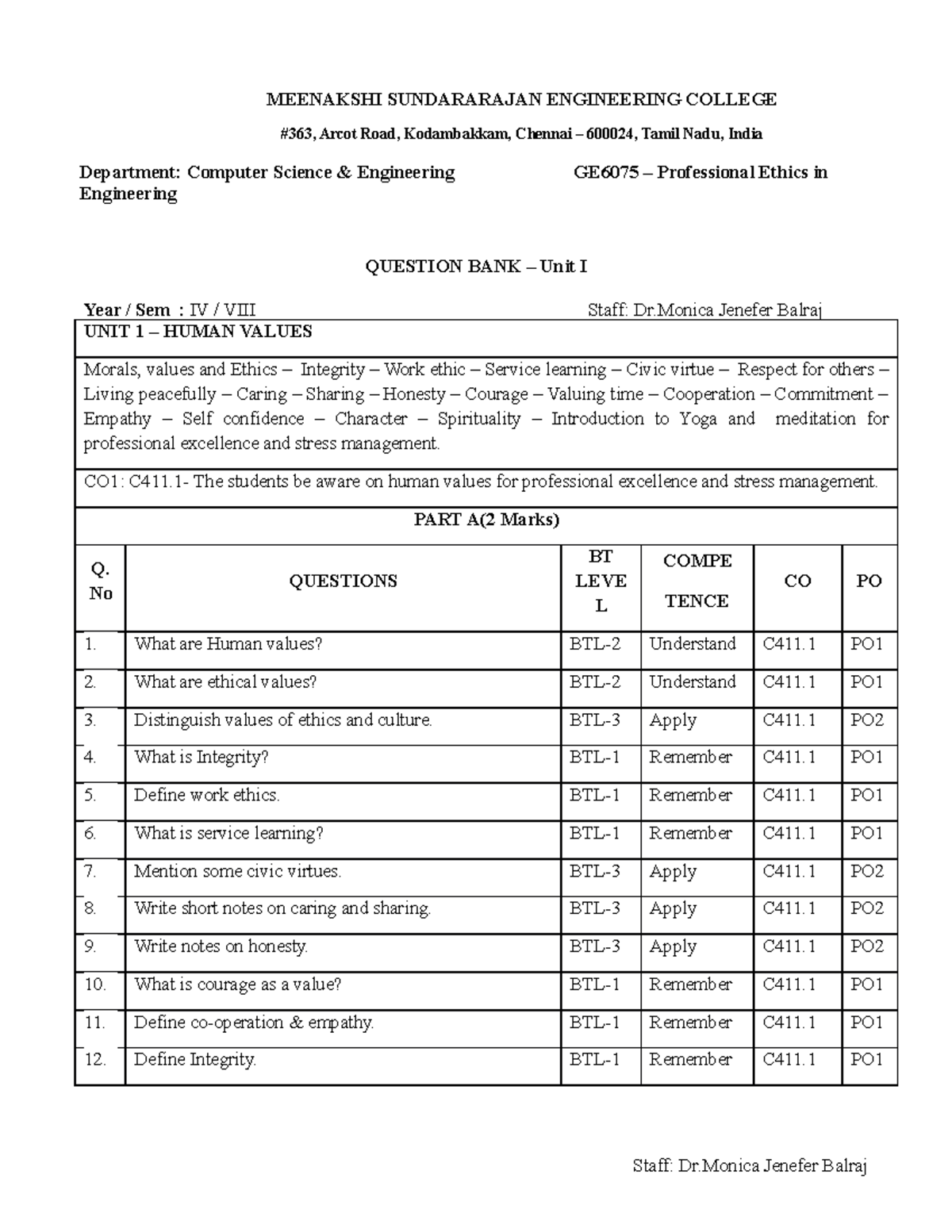 Professional Ethics Notes 363 Arcot Road Kodambakkam Chennai