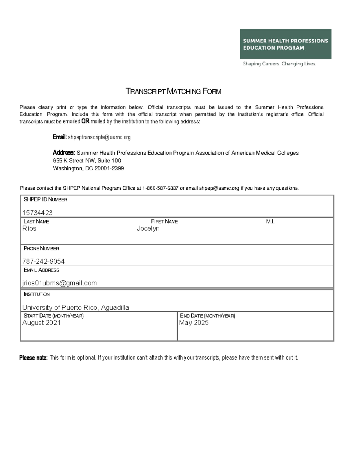 Shpep Transcript Matching Form 2022 - TRANSCRIPT MATCHING FORM Please ...