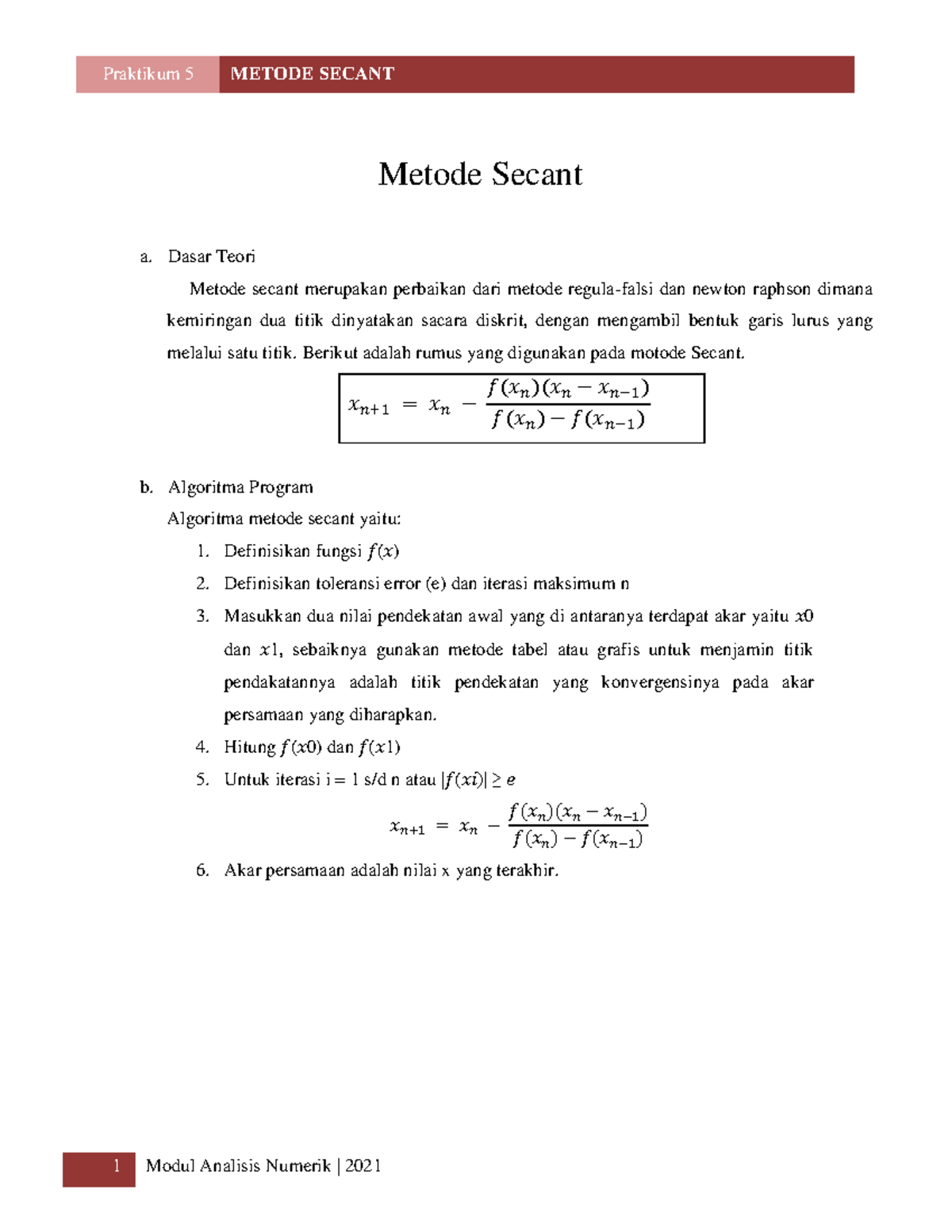 Modul Praktikum Secant - Metode Secant a. Dasar Teori Metode secant ...