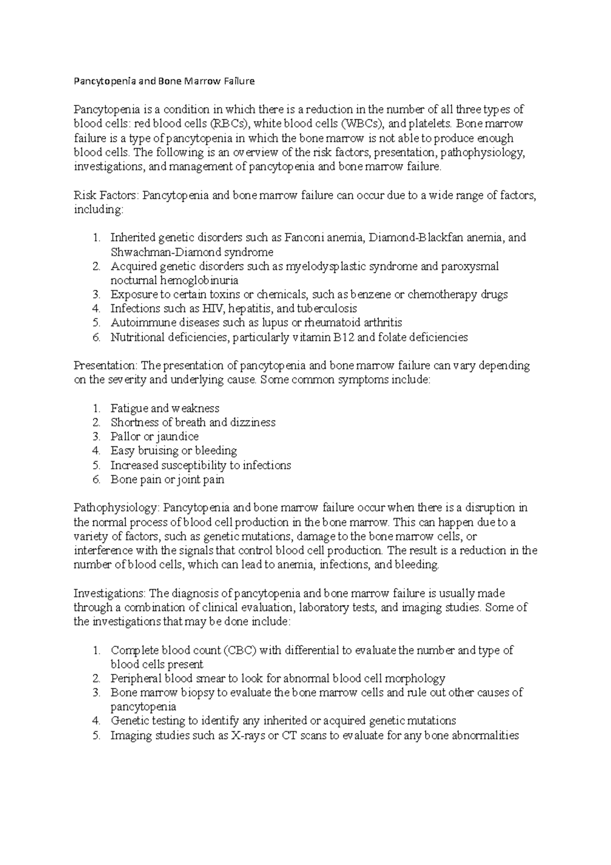 Pancytopenia and Bone Marrow Failure Pancytopenia and Bone Marrow