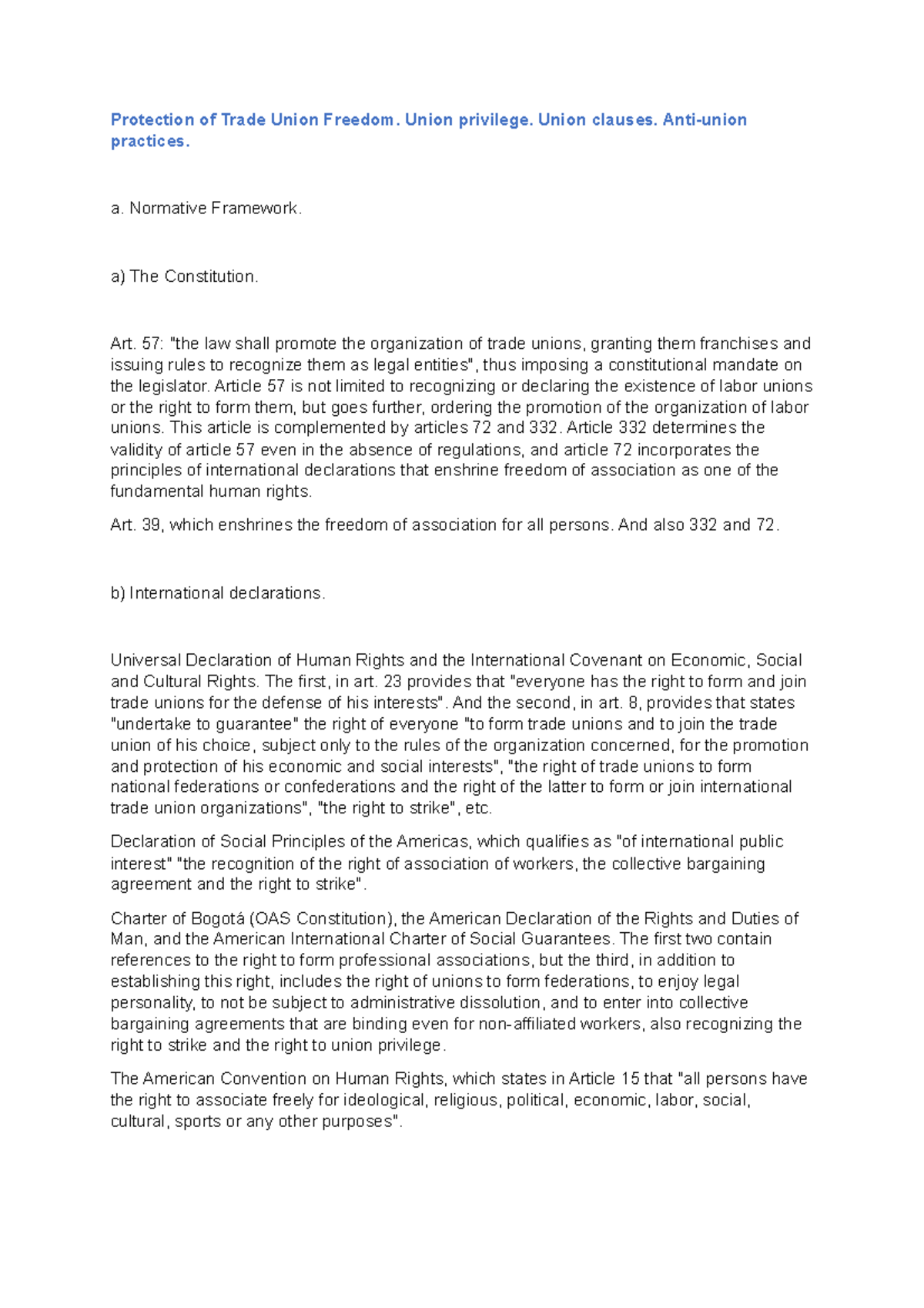 Protection of Trade Union Freedom. Union privilege. Union clauses. Anti ...