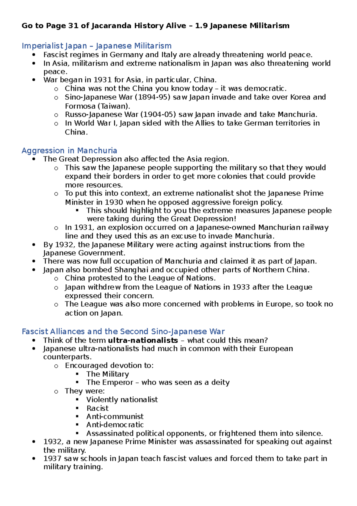 Japanese Militarism Class Notes Go to Page 31 of Jacaranda History
