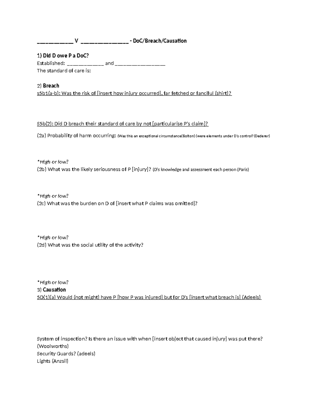 Exam - Negligence Problem Question Template - _____________ V ...