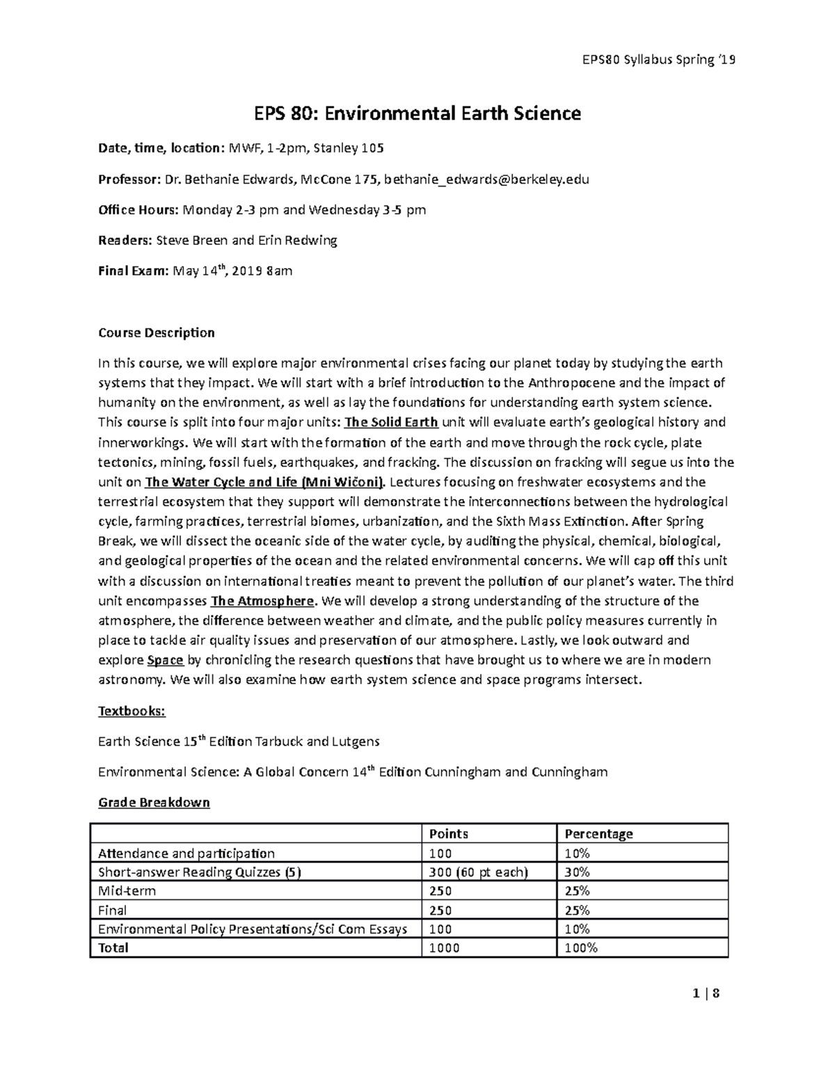 EPS syllabus EPS 80 Environmental Earth Science Date, ime, locaion