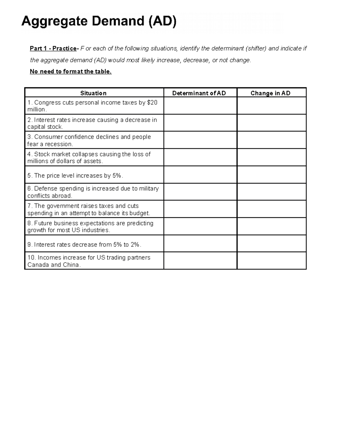 Week 9 HW Aggregate Demand (AD) - Part 1 - Practice- F or each of the ...