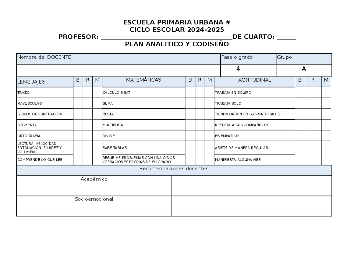 PLAN Analitico Cuarto Grado - ESCUELA PRIMARIA URBANA CICLO ESCOLAR ...