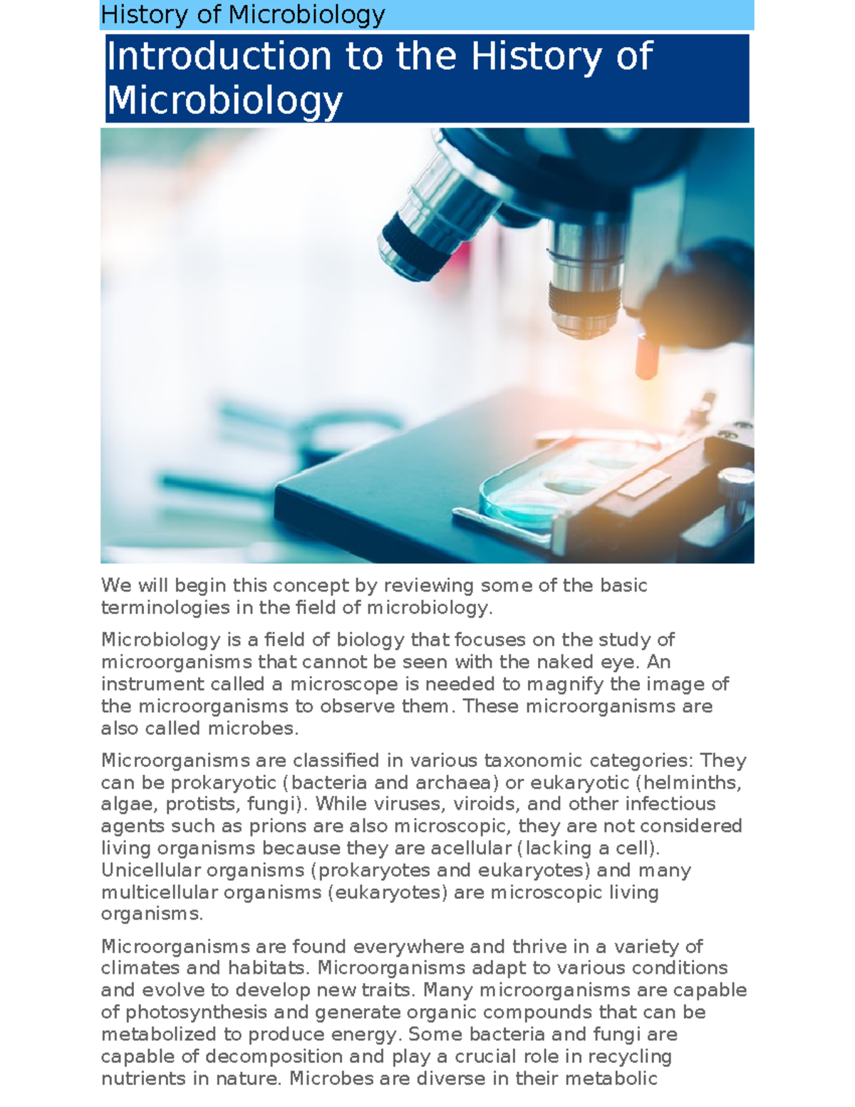 History of Microbiology - History of Microbiology Introduction to the ...