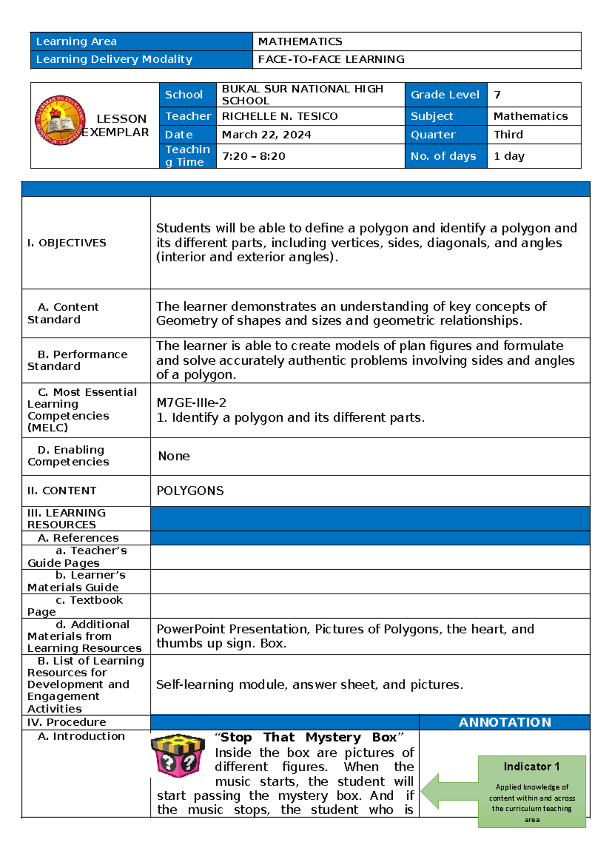 MATHEMATICS LESSON EXEMPLAR SY 2022-2023 - Learning Area MATHEMATICS ...
