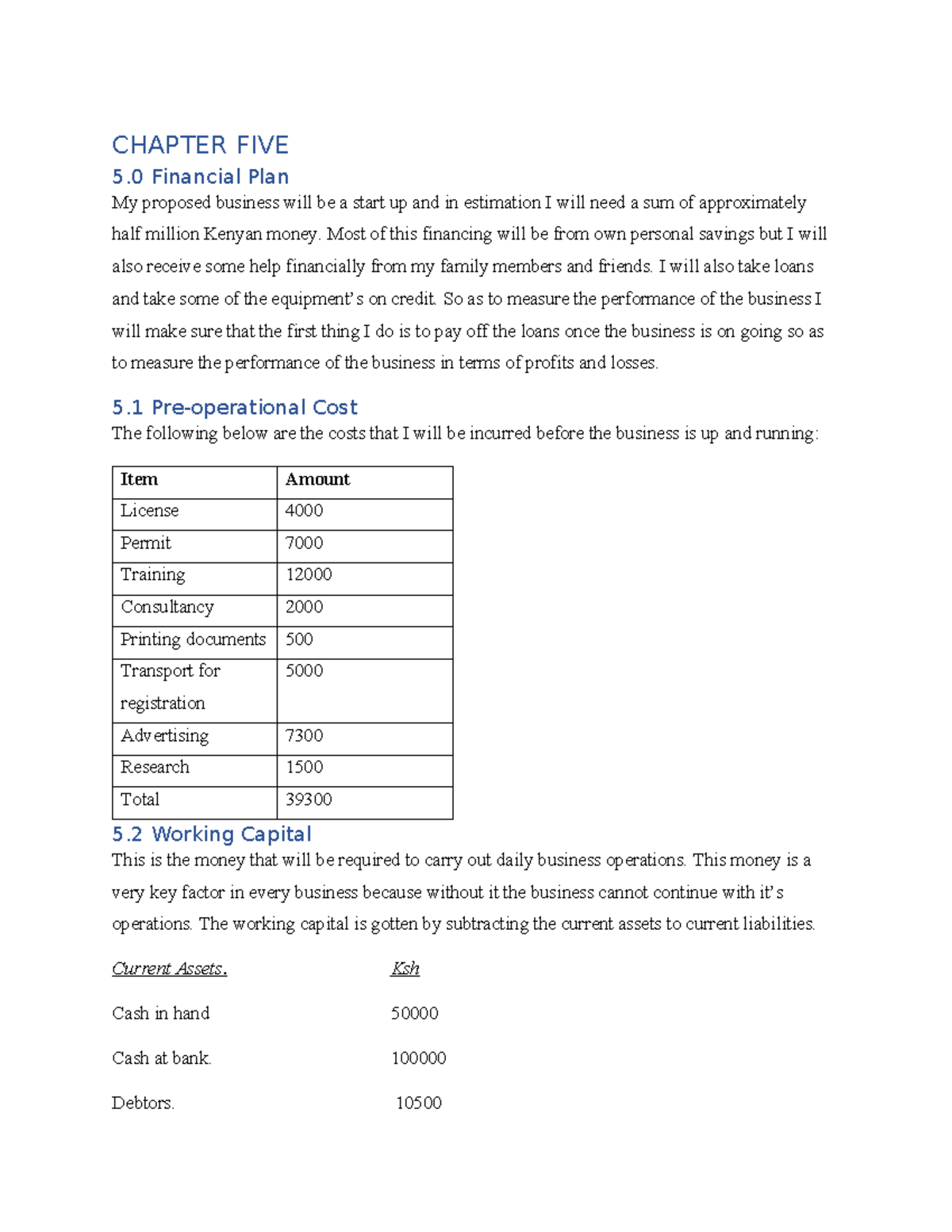 Chapter 5 final - this is the detail for business plan - CHAPTER FIVE 5 ...