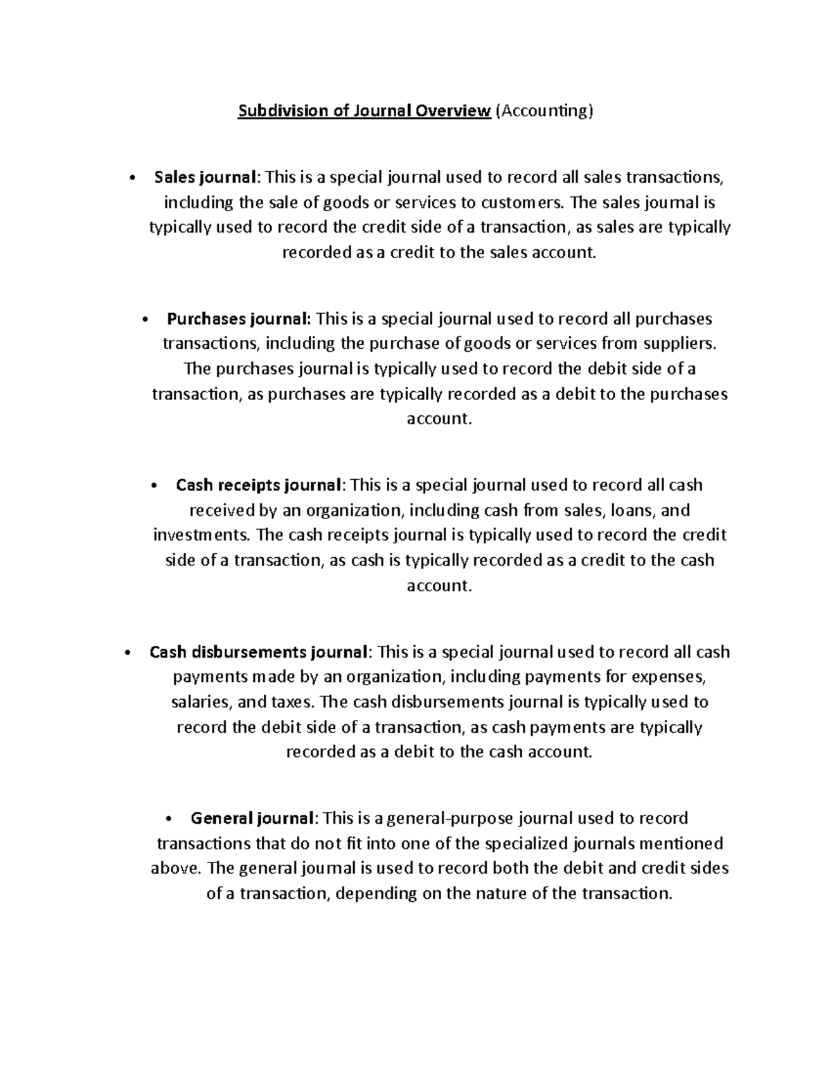 Document 85 (22) Subdivision of Journal Overview for accounting
