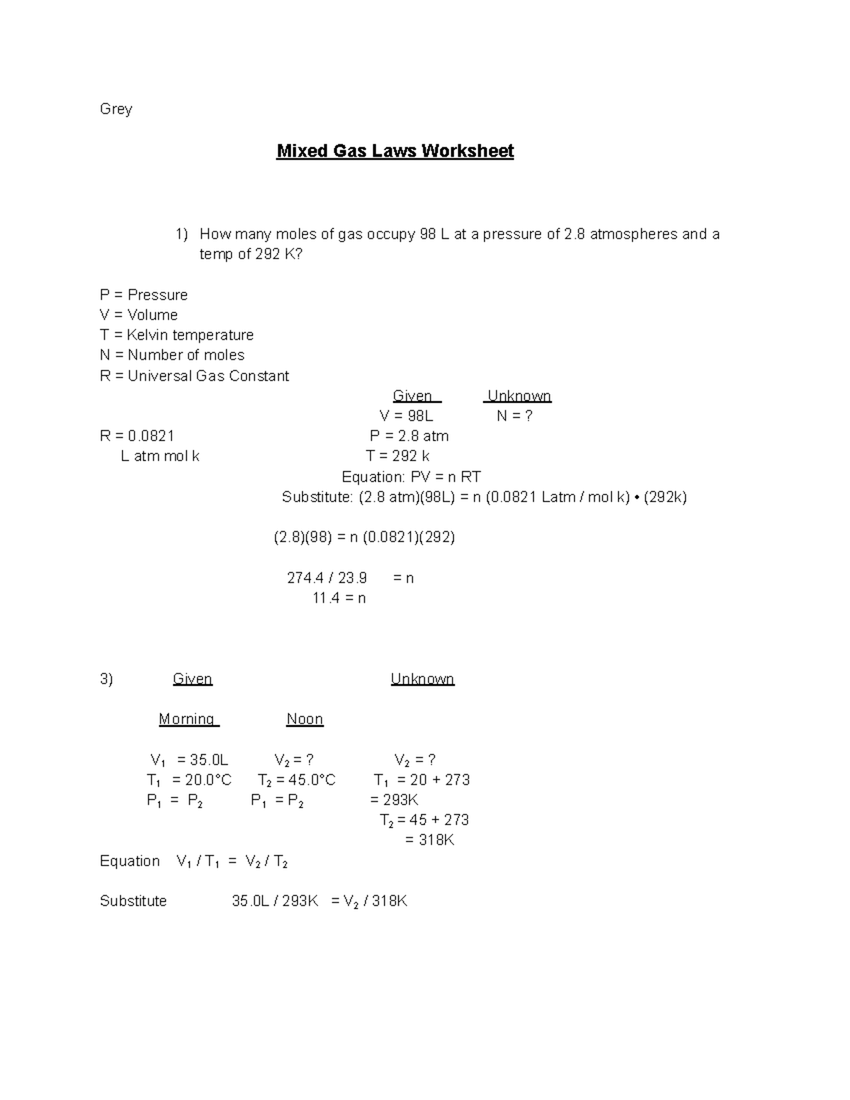 Mixed Gas Laws Worksheet - Grey Mixed Gas Laws Worksheet How Many Moles ...