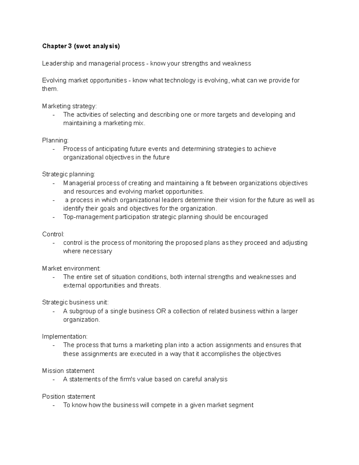 MKT100 CHAP3 - Lecture notes 3 - Chapter 3 (swot analysis) Leadership ...