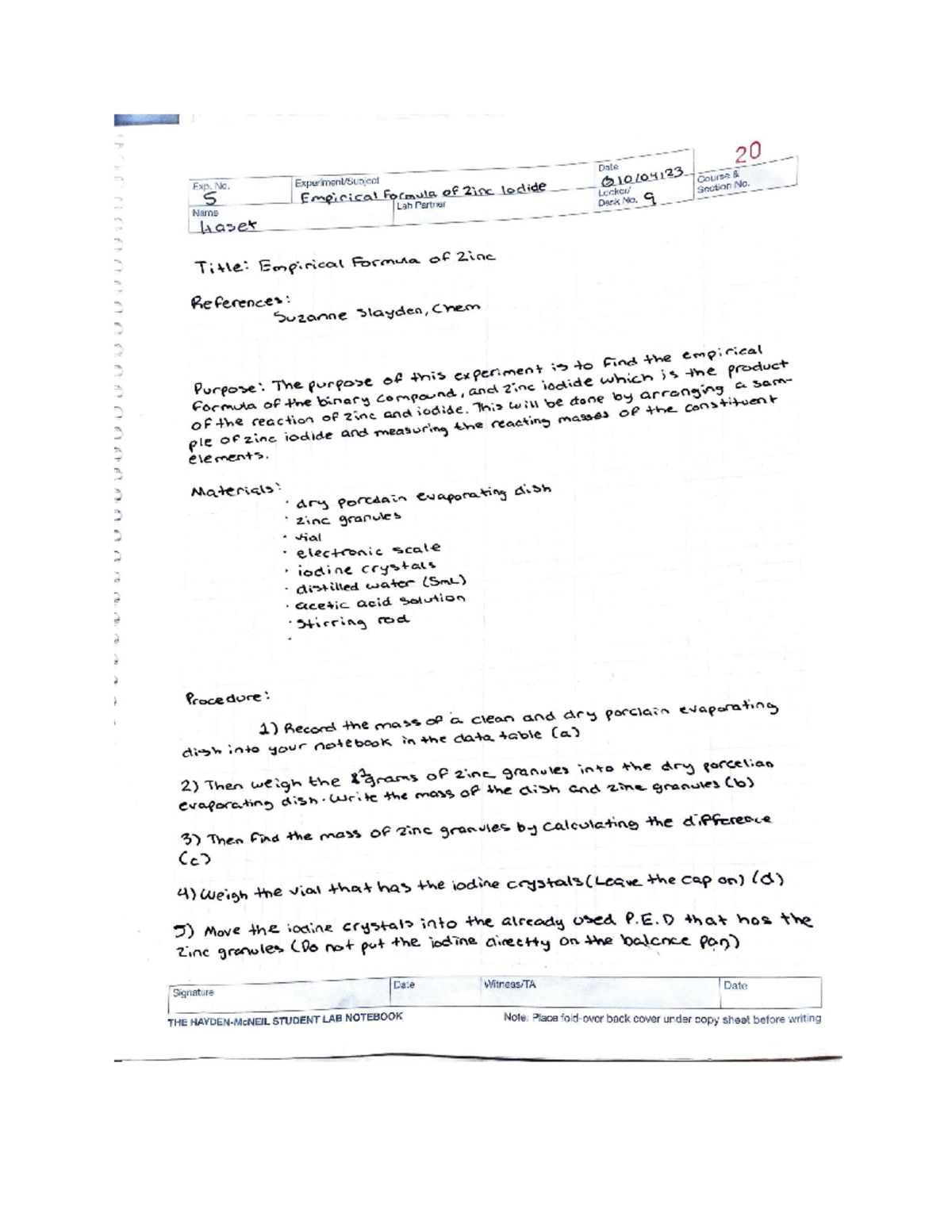 Zinc Iodide Lab Data 0 1 1. RAW DATA Mass Initial I (g) Mass