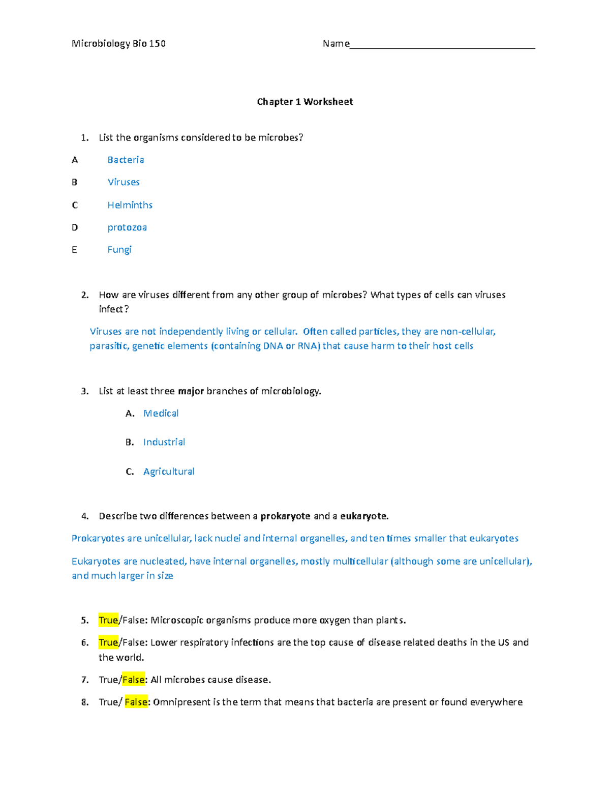 BIO 150 Chapter 1 Worksheet (1) Key - Chapter 1 Worksheet List The ...