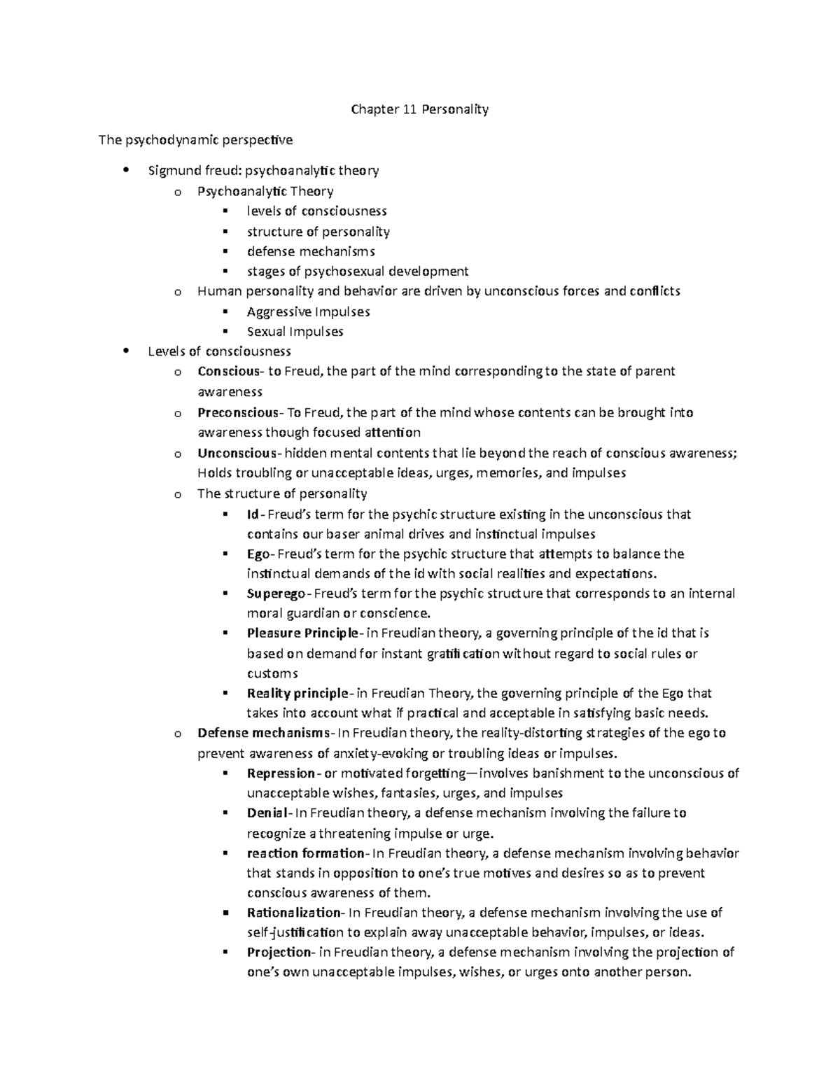 Chapter 11 Personality - Chapter 11 Personality The psychodynamic ...