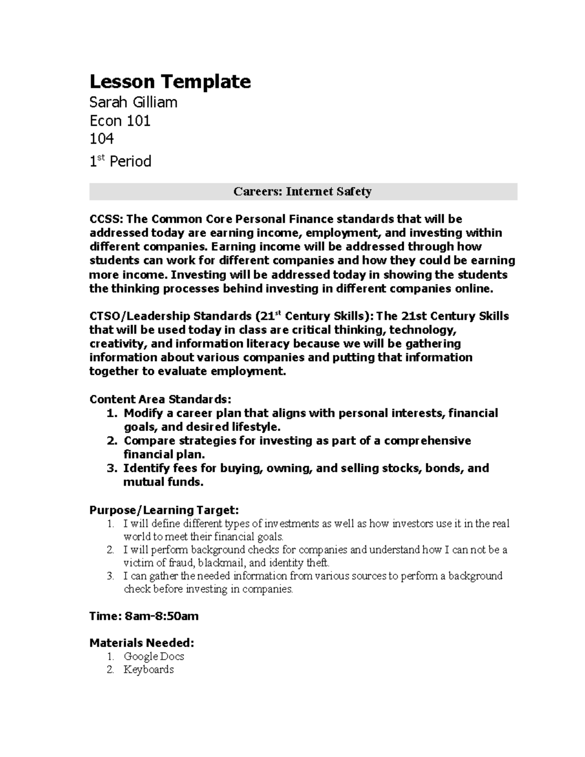 Safety Lesson Plan Lesson Template Sarah Gilliam Econ 101 104 1 st