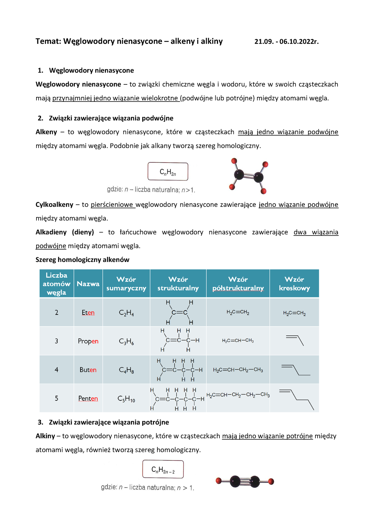 Węglowodory Nienasycone – Alkeny I Alkiny - 21.09. - 06.10.2022r ...