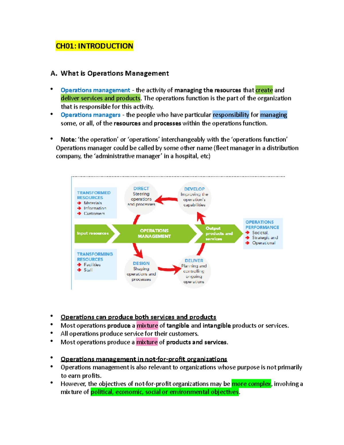 Chapter 1 Summary - CH01: INTRODUCTION A. What Is Operations Management ...