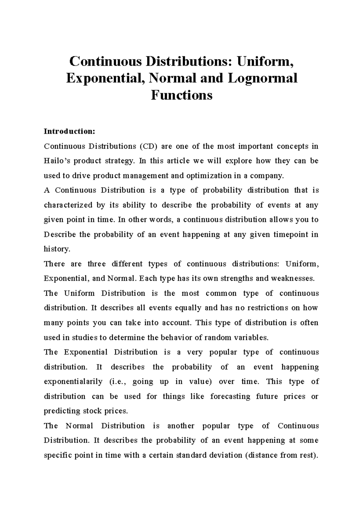 Continuous Distributions Uniform, Exponential, Normal and Lognormal