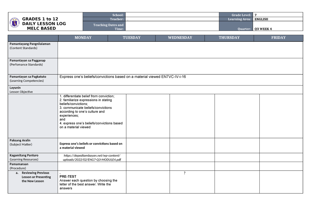 EN7VC-IV-i-16 WEEK4 ENG7 - GRADES 1 to 12 DAILY LESSON LOG MELC BASED ...