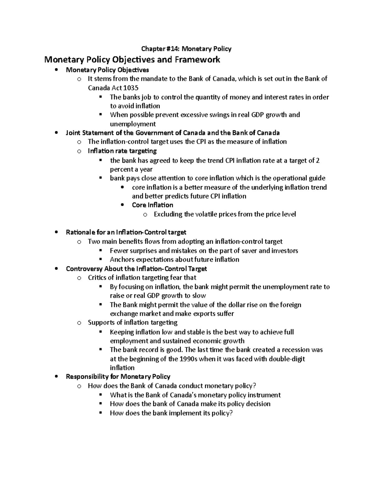 Econ 102- Chapter#14 - notes - Chapter #14: Monetary Policy Monetary ...