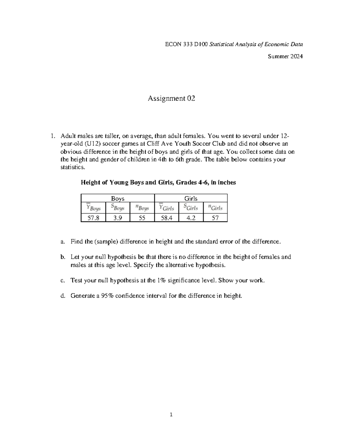 Assignment 02 - 1 ECON 333 D 100 Statistical Analysis of Economic Data ...
