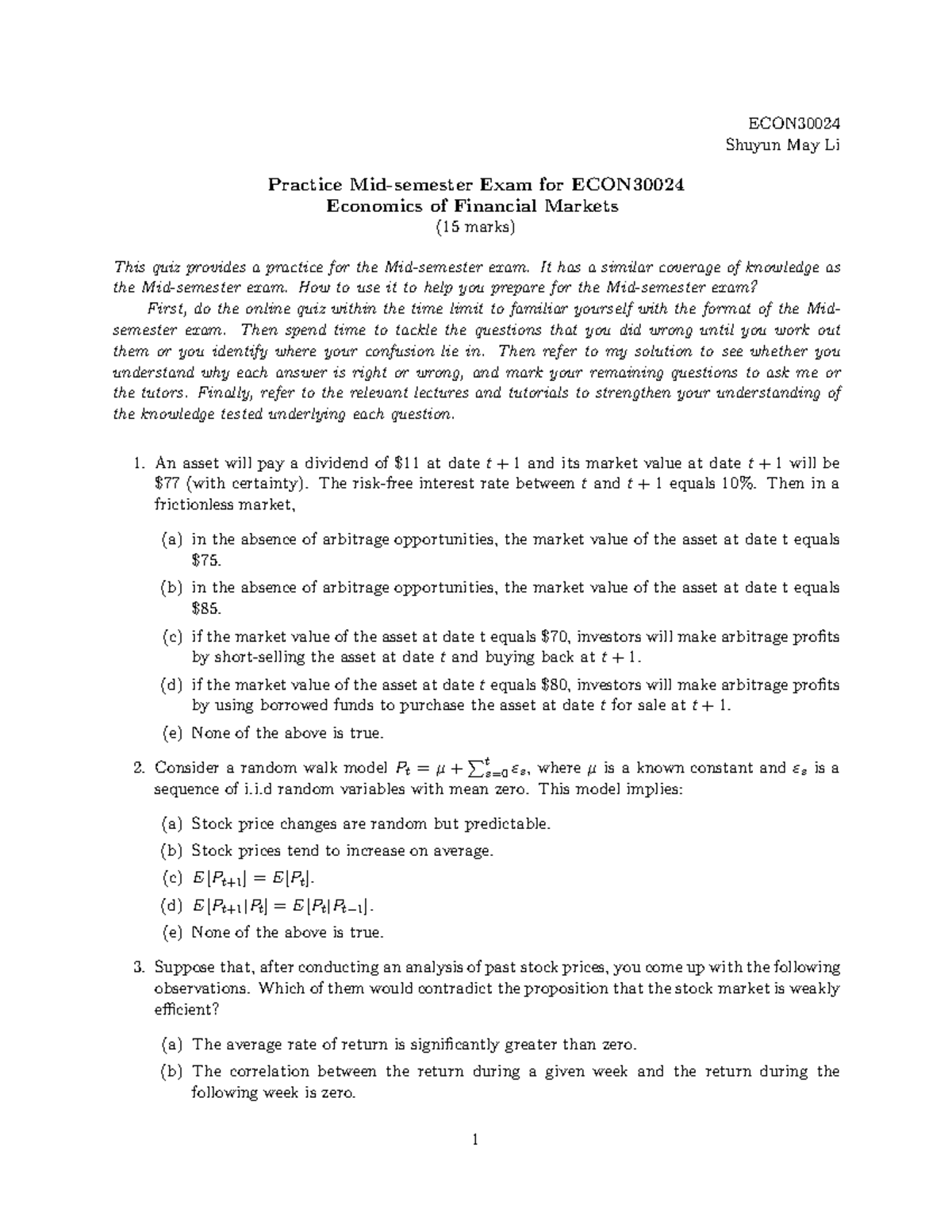 Midterm practiceexam - ECON Shuyun May Li Practice Mid-semester Exam ...