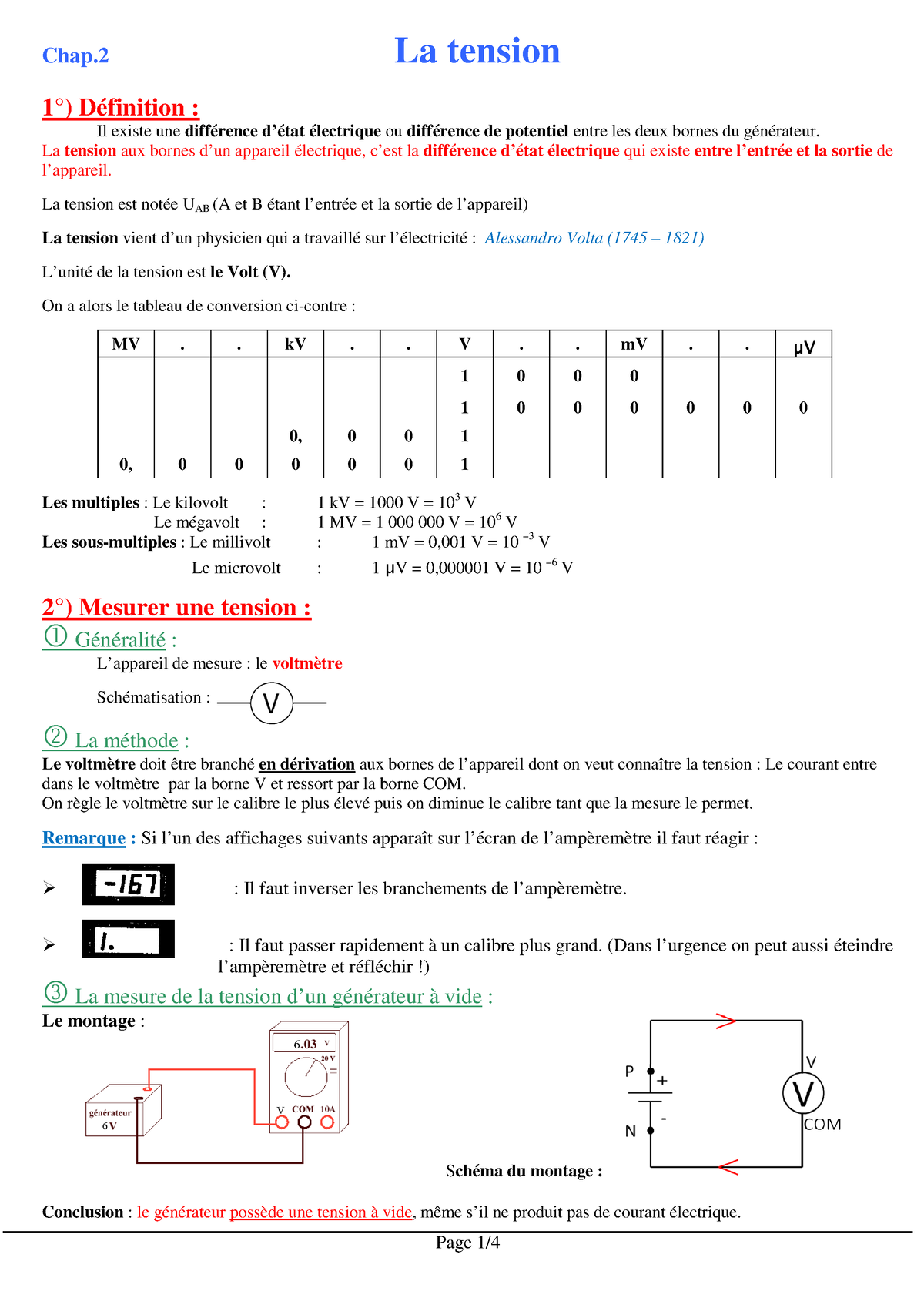 4echap 2 - Chap La Tension 1°) Définition : Il Existe Une Différence D ...