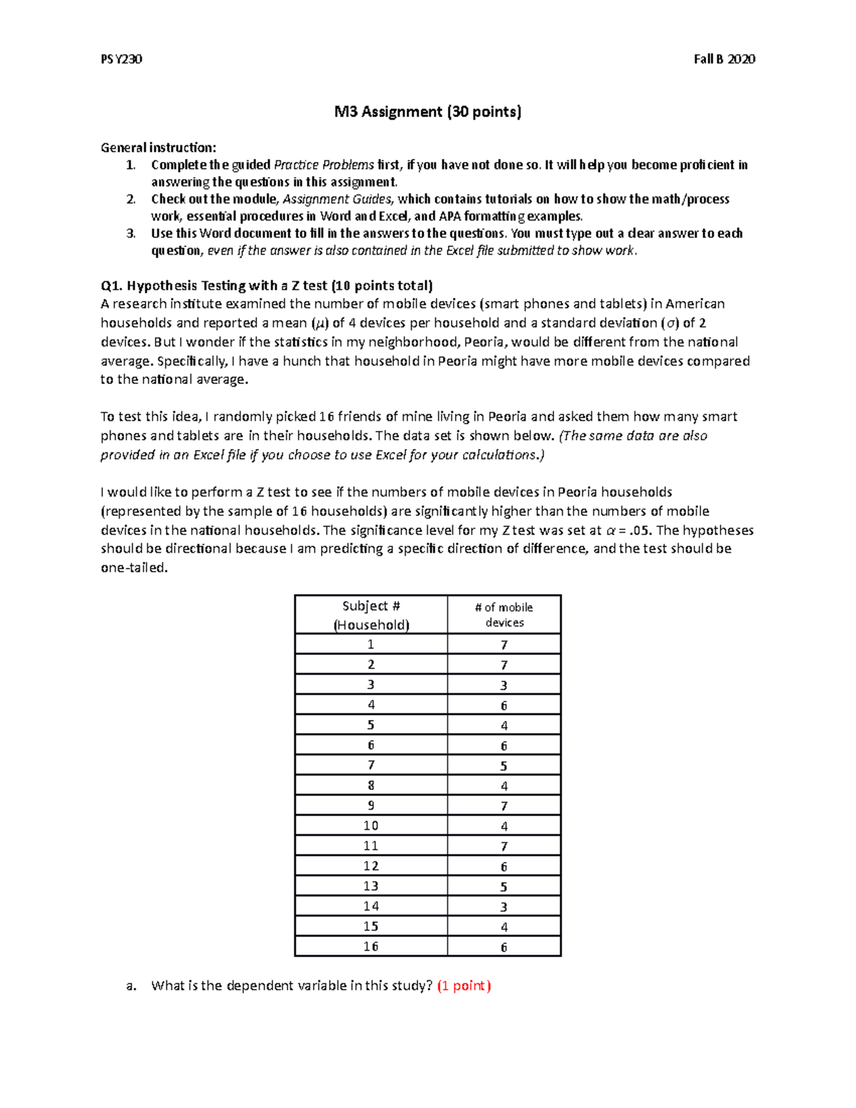 PSY230 M3Assignment Fall B 2020 - M3 Assignment (30 Points) General ...