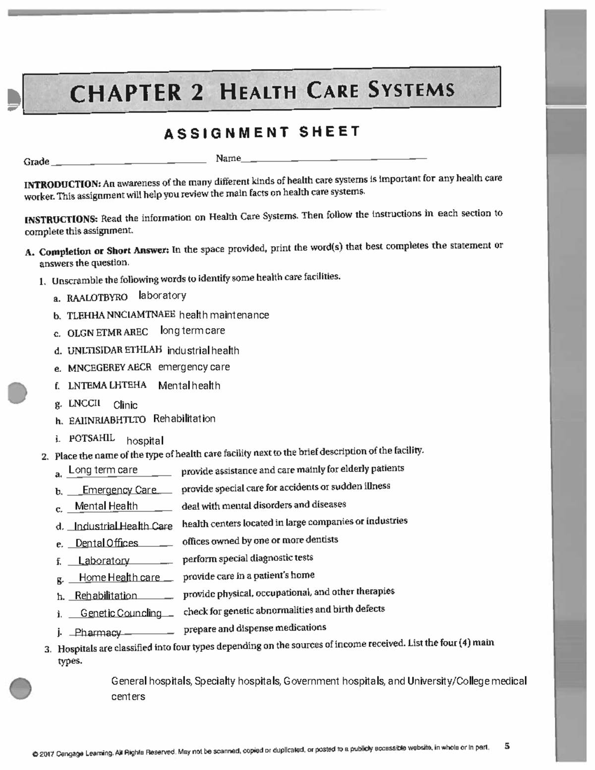 Chapter 2-A - Grade CHAPTER 2 HEALTH CARE SYSTEMS ASSIGNMENT SHEET Name ...