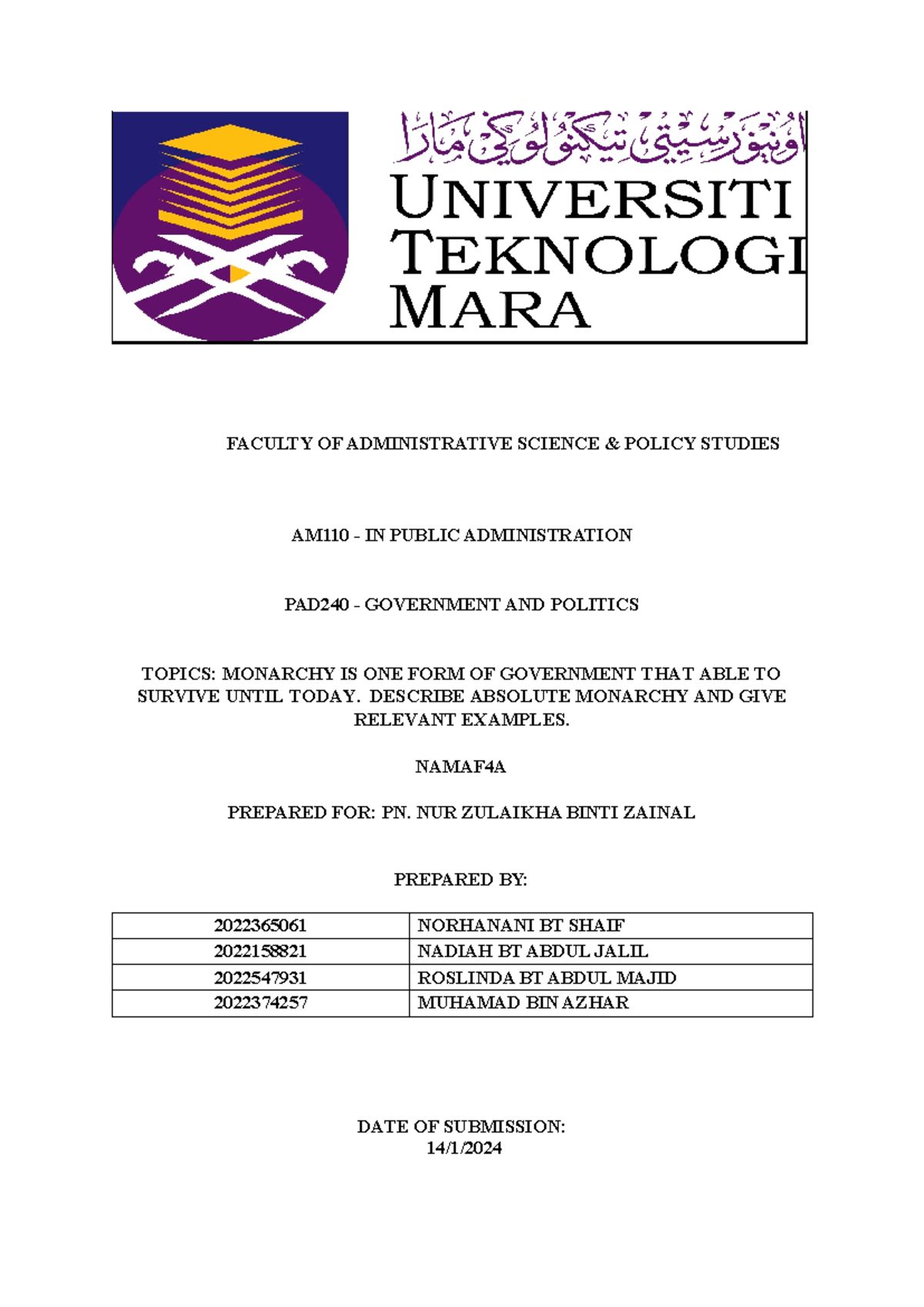 PAD240 Government AND Politics ( Assingment) - FACULTY OF ...