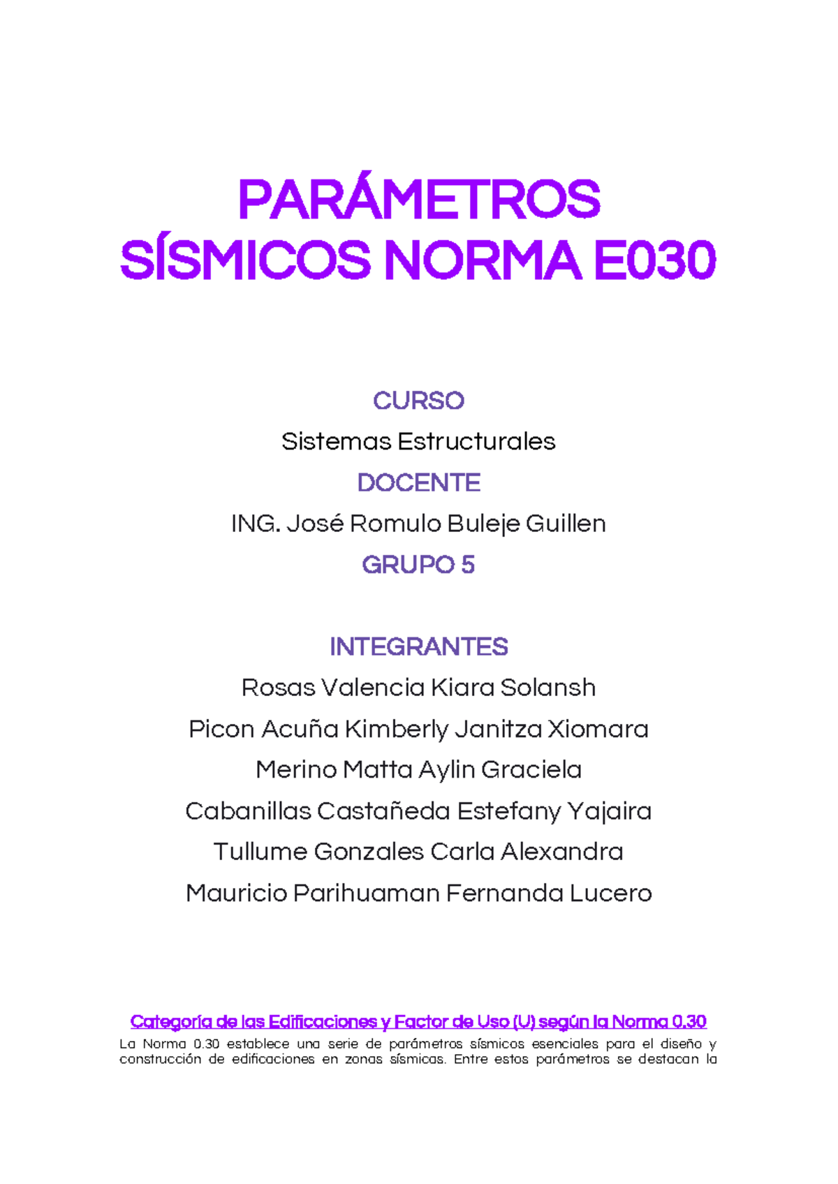 Norma E030 - PARÁMETROS SÍSMICOS NORMA E CURSO Sistemas Estructurales ...