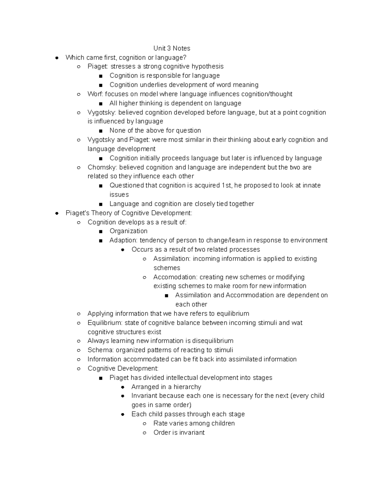 SLPA 251 Unit 3 Notes - Unit 3 Notes Which came first, cognition or ...