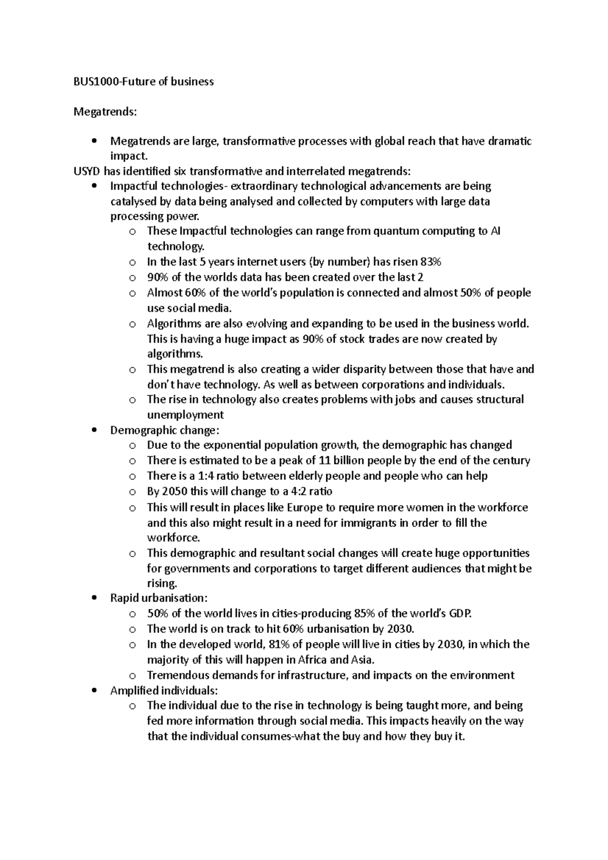 BUS1000 notes - BUS1000-Future of business Megatrends: Megatrends are ...