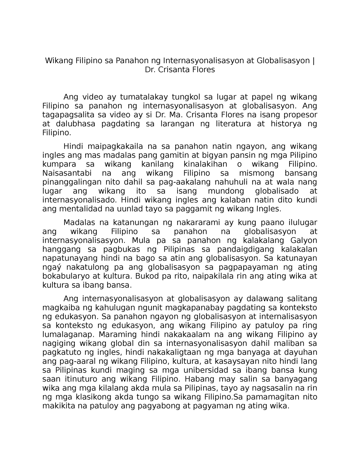 Wikang Filipino Sa Panahon Ng Internasyonalisasyon At Globalisasyon Dr Crisanta Flores 2884