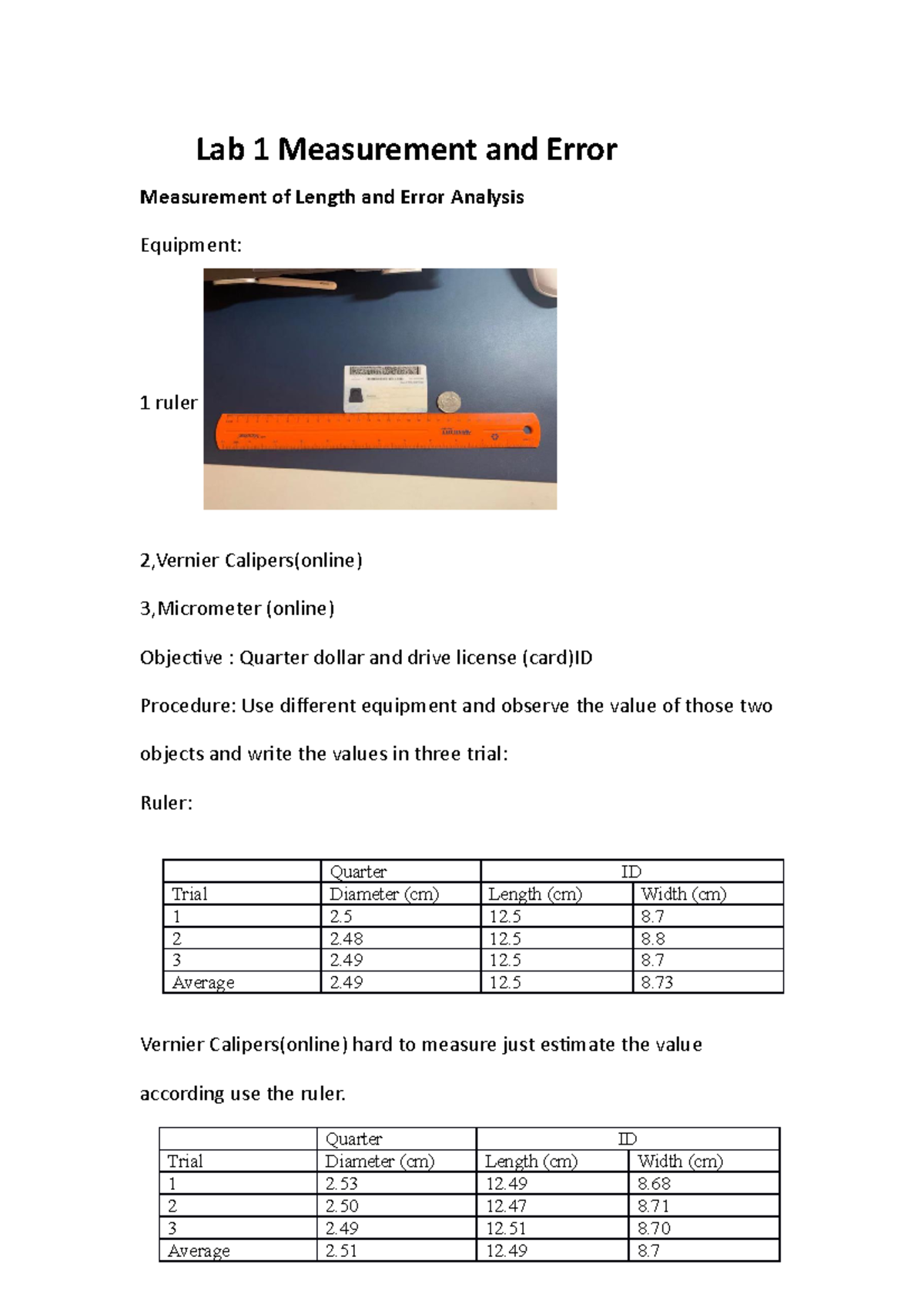 experiment 1 measurement and error analysis