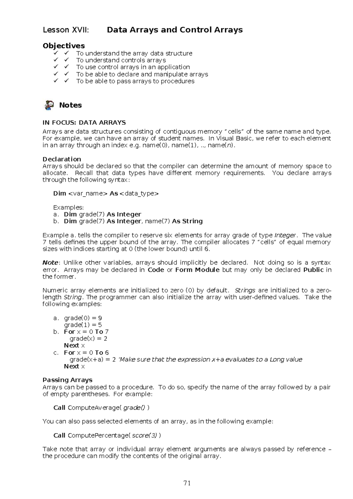 Lesson-XVII - Lesson XVII: Data Arrays and Control Arrays Objectives To ...