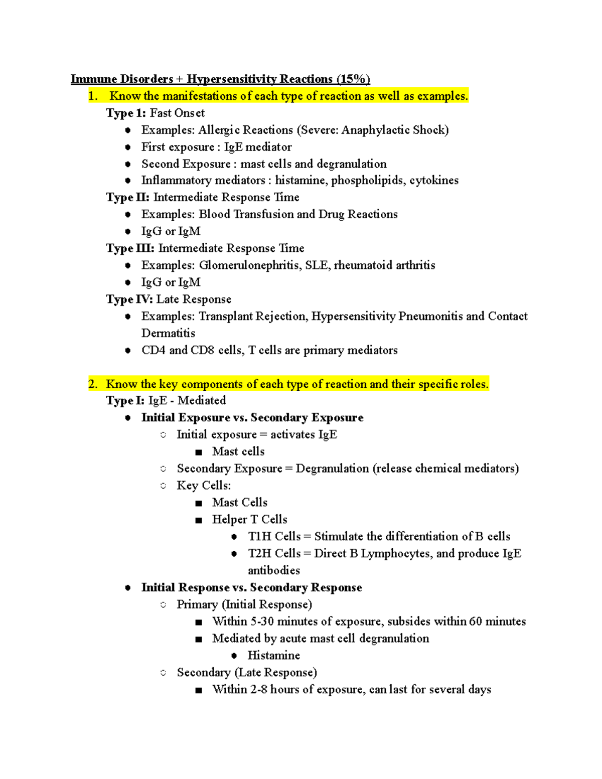 Exam 2 Blueprint Study Guide - Immune Disorders + Hypersensitivity ...
