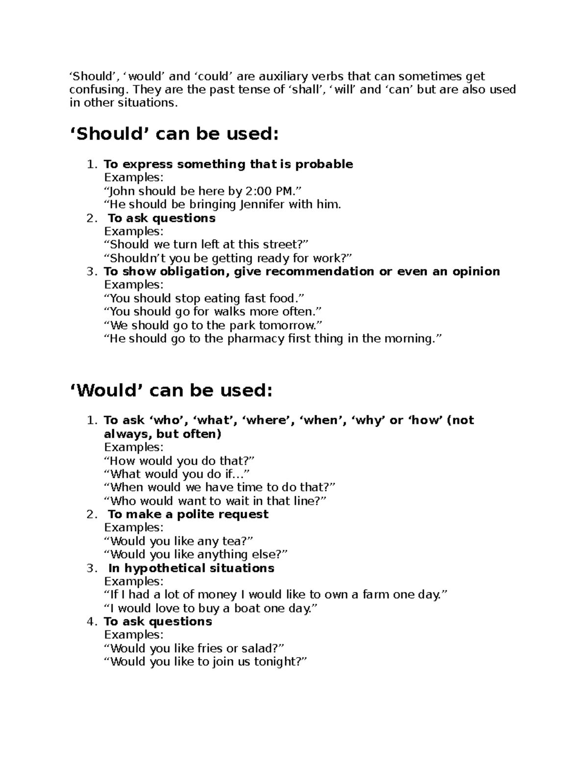 Should - Lecture Notes - ‘should’, ‘would’ And ‘could’ Are Auxiliary 